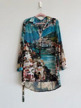Yumi • Scenic Italian Coast Print Belted Collared Dress | Size L